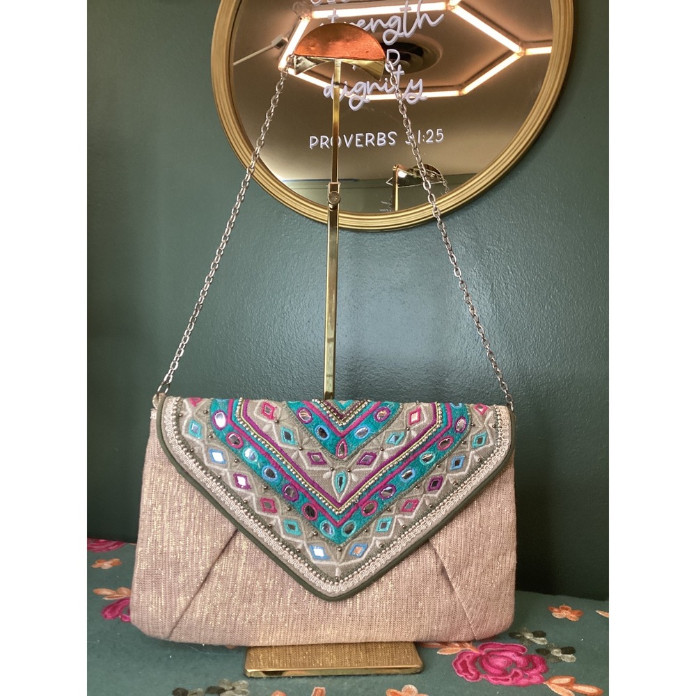 Chico's Embroidered Beaded Clutch‎ Gold Pink Boho Mirror Chain Bag